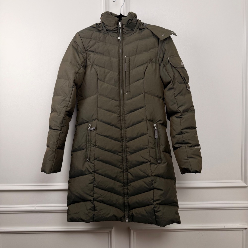 Eddie Bauer Women XS Sun Valley Down Parka Olive Green Faux Fur Trim Hooded Coat